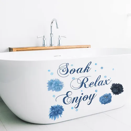 Vista 3 de Xuniea Calcomanías azules de pared de baño, Soak Relax Enjoy Spa, calcomanías de decoración de pared impermeables para dormitorio, baño, cocina