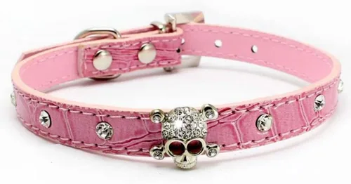 Vista 4 de Serijoars Collar de piel con diamantes de imitación de cráneo y diamantes de imitación de piel para mascotas pequeñas para perros y gatos (XS, negro)