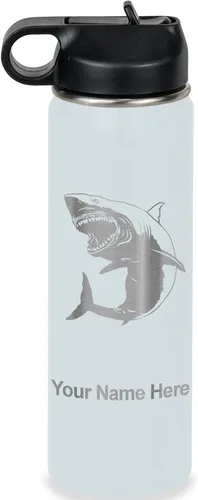 Vista 40 de LaserGram Botella de agua personalizada, gran tiburón blanco, acero inoxidable de doble pared aislada al vacío con popote superior, regalo grabado