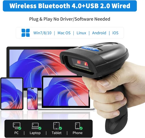 Vista 5 de NETUM Escáner de código de barras Bluetooth, compatible con función inalámbrica y Bluetooth de 2.4G y conexión con cable, conecta teléfono NT-1228BC