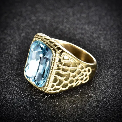Vista 2 de Anillo grabado de acero inoxidable, color dorado, zirconia cúbica, aguamarina, azul sintético, de lujo, para hombre, de MASOP