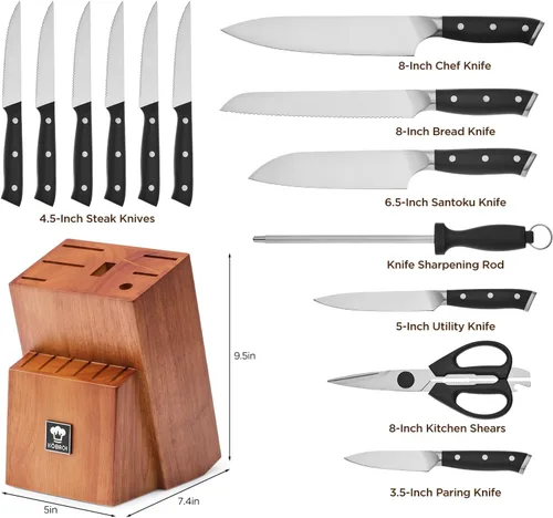 Vista 3 de Juego de 14 piezas de cuchillos con bloque de madera de roble, juego de cuchillos de cocina de acero inoxidable de alto carbono con cuchillo