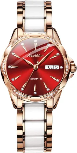 Vista 9 de Reloj automático de cerámica de acero inoxidable para mujer reloj mecánico de 984ft impermeable oro rosa elegante para mujer esfera de concha