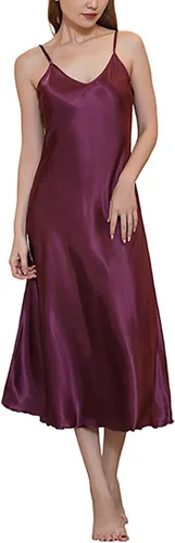 Vista 7 de Camisón de satén para mujer, vestido largo para dormir, camisones de seda con cuello en V Un negro
