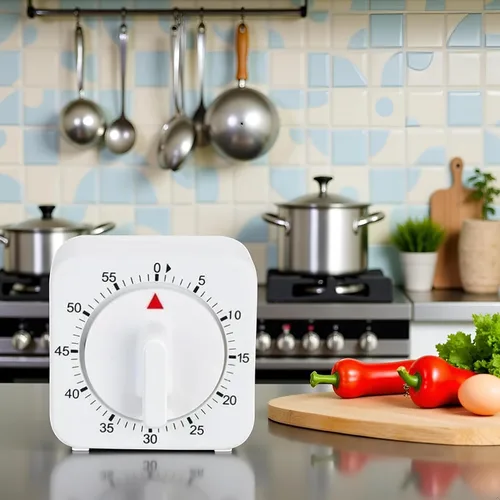 Vista 3 de Reloj con temporizador blanco cuadrado de 60 minutos, temporizador mecánico de cocina, reloj de cocina visual con alarma fuerte, no requiere