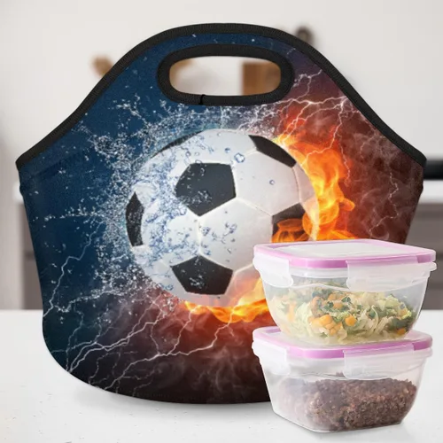 Vista 6 de Bolsas de almuerzo de neopreno con balón de fútbol en fuego de hielo para mujeres, bolsas de almuerzo, lavables, aisladas, para el trabajo, picnic