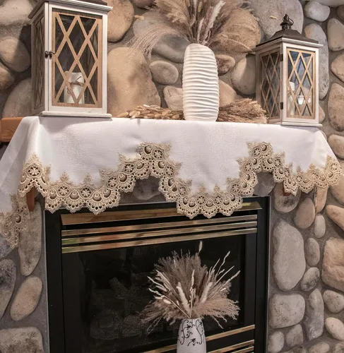 Vista 4 de Linens, Art and Things Bufanda de chimenea con estampado de pavo real europeo dorado beige sobre jacquard marfil (19Wx90L)