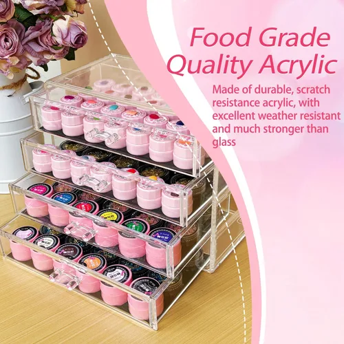 Vista 6 de Caja de almacenamiento de 4 niveles para decoración de arte de uñas, organizador acrílico para maquillaje y joyería con cajones, almacenamiento