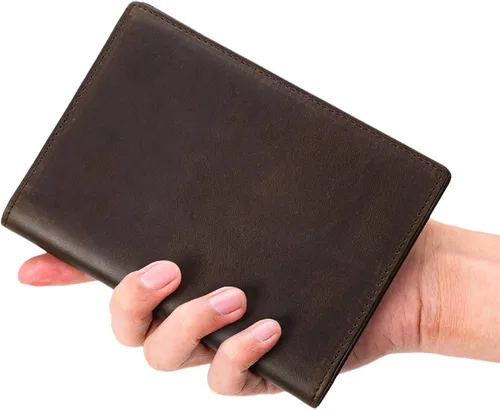 Vista 6 de Polare - Cartera plegable de cuero de grano completo para pasaporte con bloqueo RFID, 2 pasaportes, Marrón oscuro, Slim