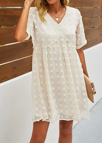 Vista 3 de KIRUNDO Vestido corto de manga corta de verano para mujer, vestido casual, suelto y con un cuello en V sexy, vestido holgado de punto suizo