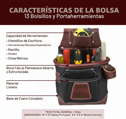 Vista 3 de Occidental Leather FatLip - Bolsa para herramientas, 13 bolsillos y portaherramientas, fabricada en Estados Unidos