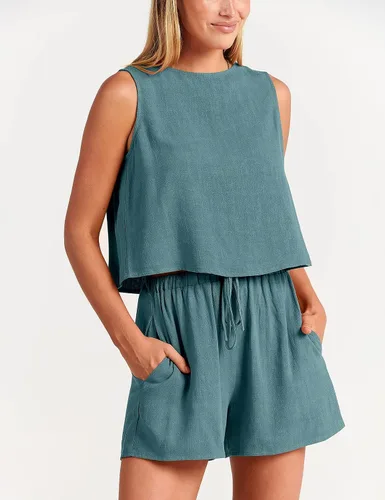 Vista 4 de GIVENUAN - Conjunto de 2 piezas de verano para mujer, conjunto de pantalones cortos de lino con cuello redondo, camiseta corta sin mangas
