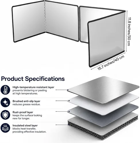 Vista 2 de Protector de salpicaduras de acero inoxidable de 2 caras grande plateado para freír estufa, protector de salpicaduras plegable de 4 caras, protector