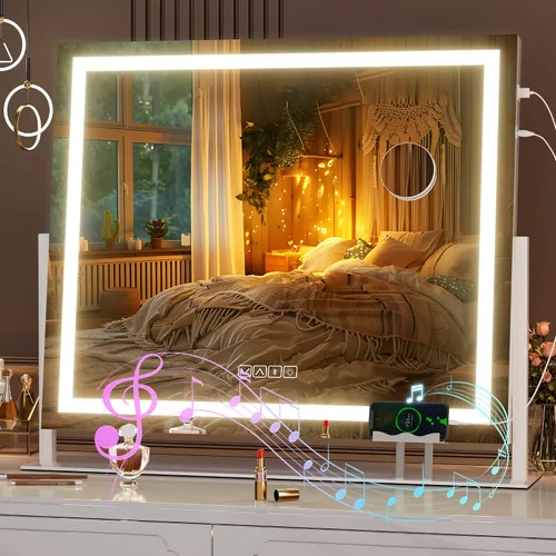 Vista 11 de Hasipu Espejo de tocador con luces y altavoz Bluetooth, espejo LED de maquillaje de 23.6 x 19.7 pulgadas, espejo iluminado con aumento de 10X