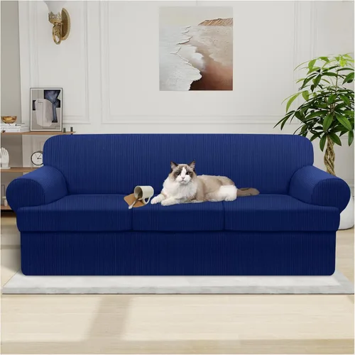 Vista 30 de Funda impermeable para silla con brazos, juego de 2 piezas, funda a rayas para 1 sofá separado con cojín en T, fundas de sillón de tela