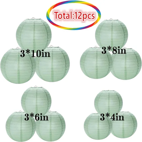 Vista 2 de Faroles de papel verde salvia polvoriento, 12 linternas de papel redondas colgantes decorativas para graduación, baby shower, boda, cumpleaños