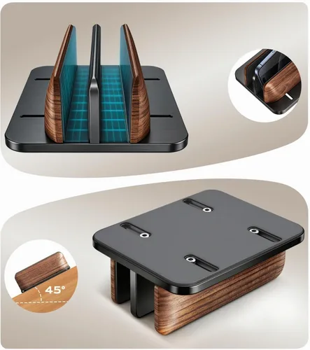 Vista 5 de LOXP Soporte vertical para laptop, [doble ranura de madera + soporte de aluminio para portátil], soporte ajustable para MacBook de escritorio, base