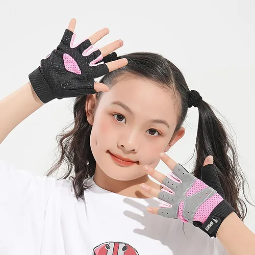 Vista 5 de Girls Half Finger Bike Gloves Fingerleses Cycling Non Slip Sun Protection Riding Gloves for Youth Kids 3-8T 7-15T