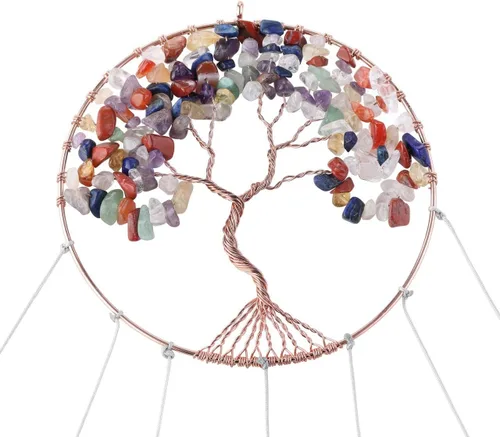 Vista 3 de Yoption Campanilla de viento conmemorativa con diseño de árbol de la vida, 7 chakras de cristal natural para decoración del hogar, jardín, 15.7-17.7