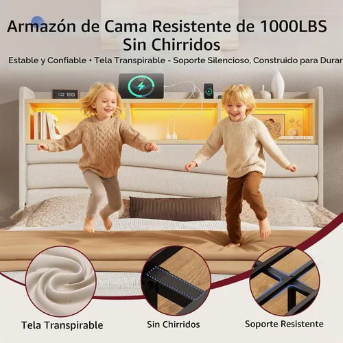 Vista 8 de BRELTAM Base de cama tamaño Queen con 6 cajones de almacenamiento, plataforma tapizada de lino con estación de carga y luces LED, diseño de cabecera