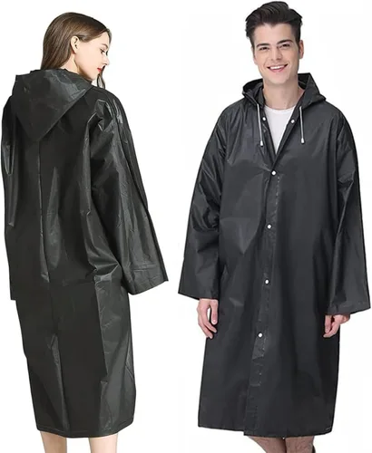 Vista 2 de Poncho de lluvia para adulto, paquete de 2 impermeables reutilizables de emergencia con capucha y cordón