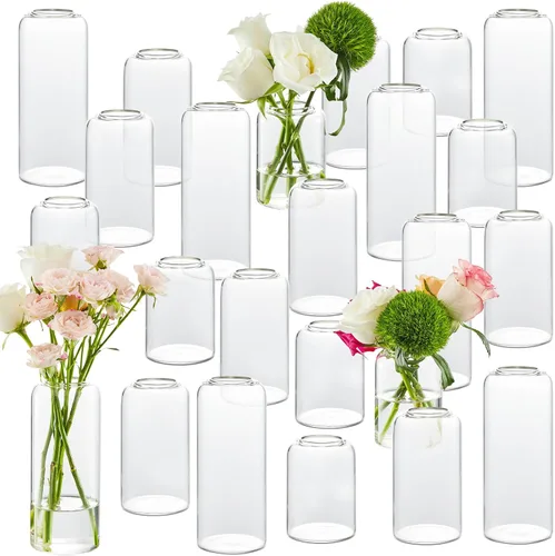Vista 8 de Jarrones pequeños a granel, juego de 12, jarrones pequeños de vidrio para flores, jarrones cilíndricos modernos para flores para centros de mesa