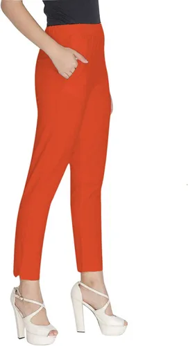 Vista 2 de ladyline Pantalones elásticos de algodón suave liso para mujer, cintura alta, cierre elástico, un bolsillo, cómodos pantalones de vestir