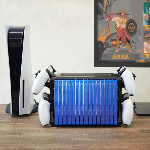 Vista 2 de ionX Video Game Storage Stand for Blu-Ray and Game Cases, Fits 4 Controllers, Holds 15 Cases (Black)