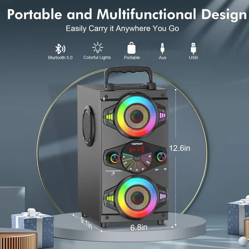 Vista 2 de Altavoces Bluetooth Portátiles 60W Gran Potencia Inalámbrico Fuerte Sonido de Graves Estéreo Boombox Altavoz de Fiesta en Casa con Subwoofer, Radio
