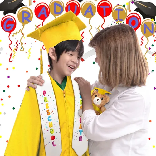 Vista 5 de Unittype 24 piezas de vestido de graduación preescolar con borla, estola de graduación, osito de felpa para niños