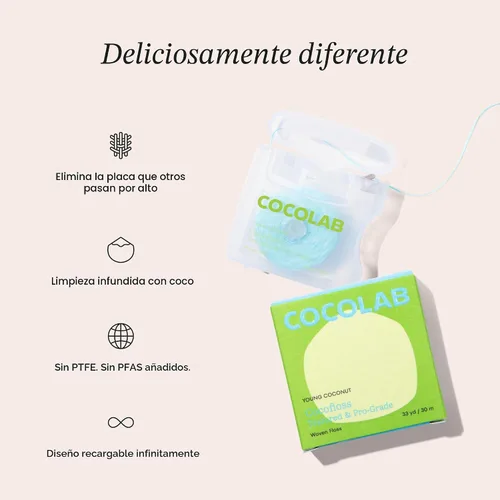 Vista 2 de Cocolab Hilo dental tejido, cuidado bucal diseñado por dentistas, aroma a coco, encerado, expandible, vegano, hilo dental amigable para niños