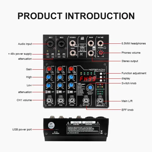Vista 2 de AD14 Mezclador de audio profesional Placa de sonido Interfaz Sistema de consola 4 canales USB digital Bluetooth MP3 Entrada de computadora 48V