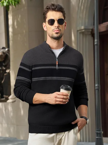 Vista 3 de MAGNIVIT Suéter para hombre, con cremallera de un cuarto, a rayas, para otoño, invierno, primavera, bloque de color, polo, sudaderas Negro
