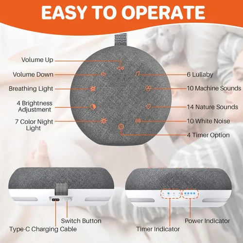 Vista 8 de FUNYKICH Máquina de sonido de ruido blanco, máquina de sonido portátil para dormir con 40 sonidos relajantes, indicador de batería, temporizador