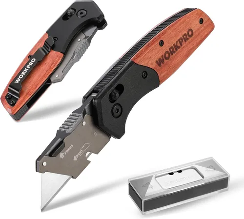 Vista 9 de WORKPRO Cuchillo utilitario plegable, cuchillo de afeitar con mango de madera Quick-Change Box Cutter with Stainless Steel Head, Liner Lock and