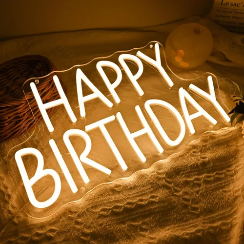 Vista 6 de SYLHOME Letrero de luz LED de neón con texto en inglés «Happy Birthday» para fiesta de cumpleaños, dormitorio, decoración de pared, pancarta, bar