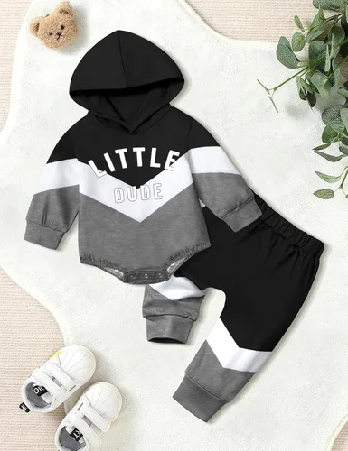 Vista 8 de Ropa para bebé niño, bloque de color, sudadera con capucha de gran tamaño, mameluco, pantalones largos, conjunto de trajes de otoño e invierno