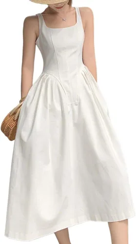 Vista 2 de PHILISENMALL Vestido de verano sin mangas para mujer, estilo francés, elegante, vestido de fiesta de noche, color puro, falda larga para fiesta