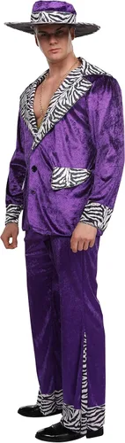 Vista 6 de Maxim Party Supplies Disfraz de jugador adulto Mack Daddy Hustler traje de terciopelo incluye sombrero, chaqueta de traje, pantalones, cadena dorada