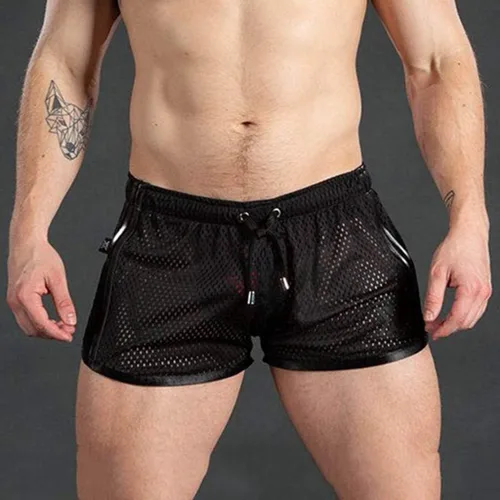 Vista 2 de WENKOMG1 Pantalones cortos gay de malla para hombre, transparentes, de secado rápido, con rayas laterales, sexy, ligeros, de 3 pulgadas, pantalones
