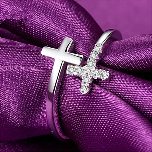 Vista 3 de CANEER Anillo de plata de ley 925 con cruz de fe cristiana para mujer joyería inspiradora delicada de Pascua para adolescentes Metal no precioso