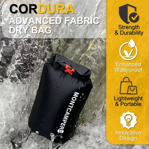 Vista 2 de CORDURA Bolsa seca impermeable de 3 litros – Saco resistente IPX6 con silbato de supervivencia para kayak, camping, navegación, playa – Mochila seca
