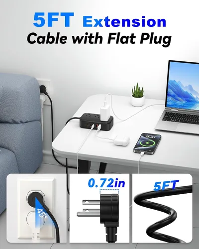 Vista 5 de Regleta de alimentación de viaje PD20W - 3AC y 5 USB (3 USB C), cable de extensión de 5 pies 8-in-1 Power Strip with USB C Port for Home, Portable