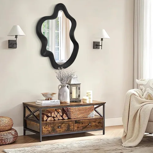 Vista 5 de Espejo asimétrico para decoración de pared, grande, moderno, ondulado, con marco de madera, espejo de pared con forma única montado en pared