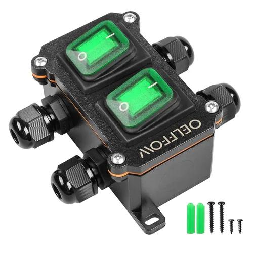 Vista 11 de Interruptor de palanca de encendido y apagado impermeable con botón basculante de luz verde, interruptor de cable en línea DPST AC/DC 20A-125V
