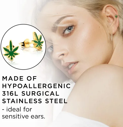 Vista 2 de P2GO Pair of 316L Marijuana Leaf Pendant Stud Earrings Jewelry