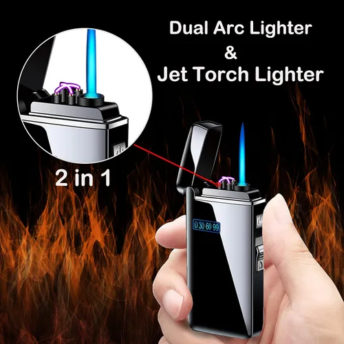Vista 4 de Encendedor electrónico de llama de chorro 2 en 1, recargable de butano eléctrico USB, recargable por USB, de alta calidad a prueba de viento