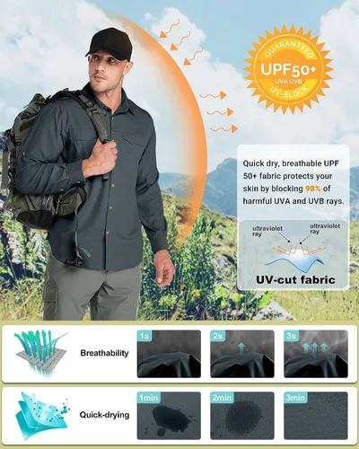 Vista 4 de Outdoor Ventures Camisa de senderismo para hombre con protección solar UPF 50+, manga larga, ligera, de secado rápido, para safari, viajes, pesca