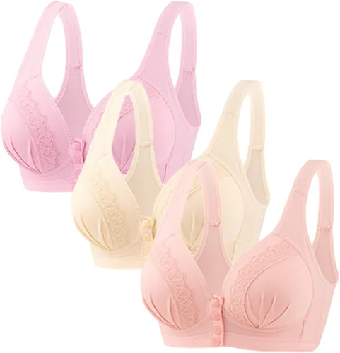 Vista 21 de Glamorette Snap Front Bra Older Women,Snap Front Bra, Sexy Lace Embroidered Bras,Pull-On Front Closure Button Bras 3 unidades de color negro.