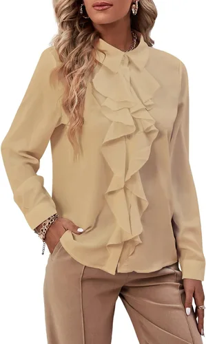 Vista 7 de LYANER - Blusa de manga larga con cuello de botón y volantes en la parte delantera para mujer